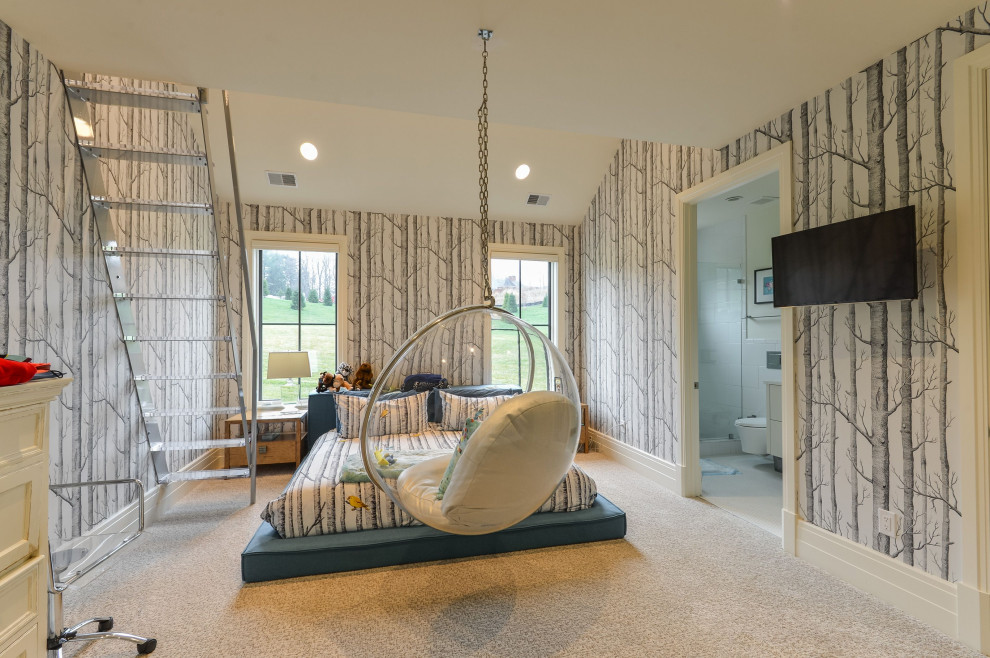 Стильный дизайн: детская в современном стиле с спальным местом, серыми стенами, ковровым покрытием, серым полом, сводчатым потолком и обоями на стенах - последний тренд