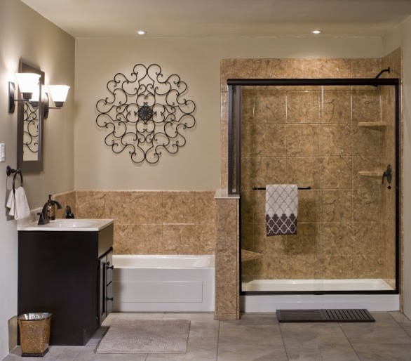 This is an example of a large master bathroom in Other with beige tile, furniture-like cabinets, black cabinets, an alcove tub, an alcove shower, ceramic tile, beige walls, ceramic floors, an integrated sink and solid surface benchtops.