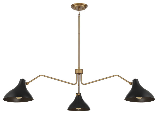 3-Light Pendant in Matte Black with Natural Brass
