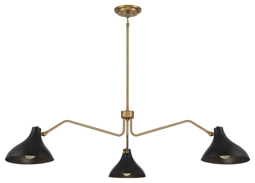 3-Light Pendant in Matte Black with Natural Brass