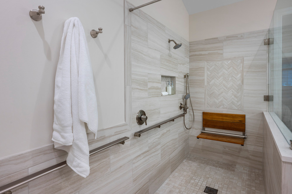 Inspiration for a mid-sized transitional master beige tile and porcelain tile porcelain tile, beige floor and double-sink walk-in shower remodel in Charleston with raised-panel cabinets, white cabinets, beige walls, an undermount sink, quartz countertops, white countertops and a built-in vanity