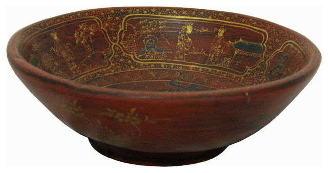 Handmade Chinese Red Wood Bowl With Gold Painted Filial Piety Story hn200