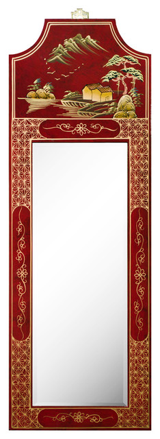Red Wall Mirror oriental mirror with red lacquer finish and chinoiserie design Red Wall Mirror oriental mirror with red lacquer finish and chinoiserie design