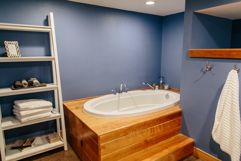 Inspiration for a transitional beige floor bathroom remodel in Seattle with blue walls and a pedestal sink