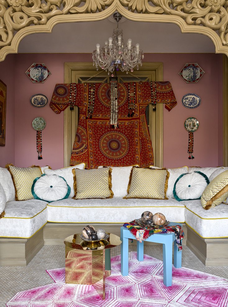 Asian living room in Other with pink walls.