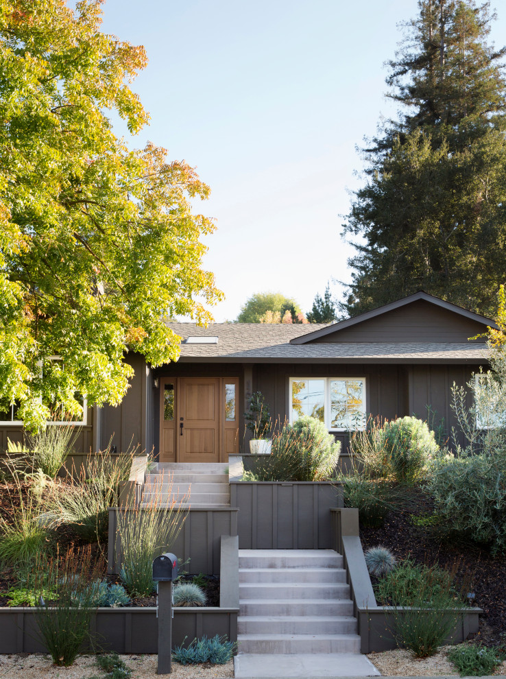 Transitional brown one-story wood and board and batten house exterior photo in San Francisco