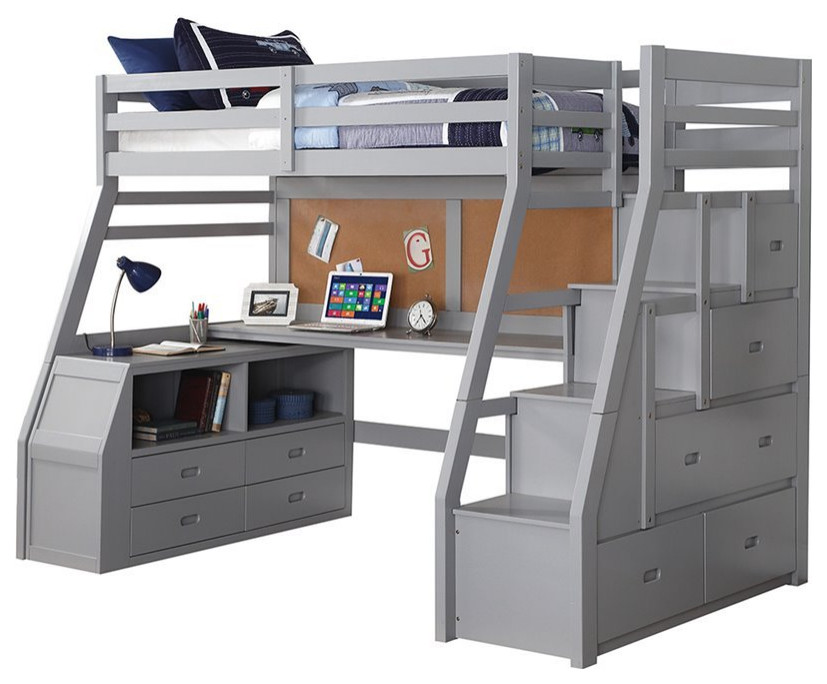 Bowery Hill Modern Wood Twin Size Loft Bed with Storage in Gray