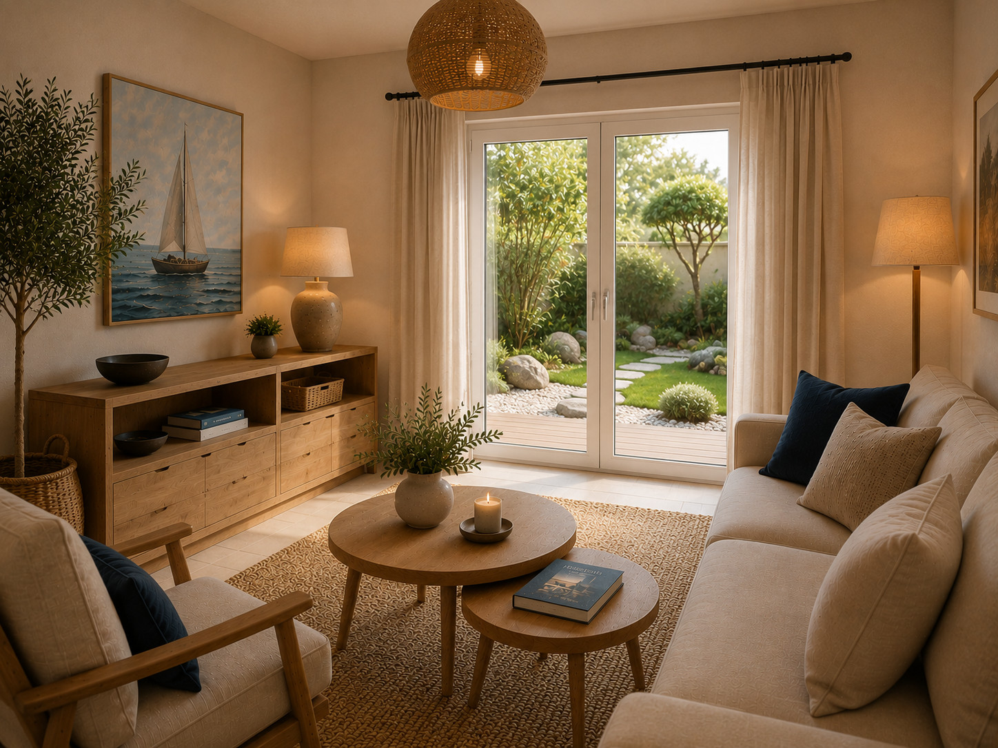 Salon chaleureux et lumineux inspiré des résidences secondaires en bord de mer, mêlant décoration naturelle, mobilier en bois clair et ambiance apaisante. Cet intérieur élégant aux influences Feng Shu