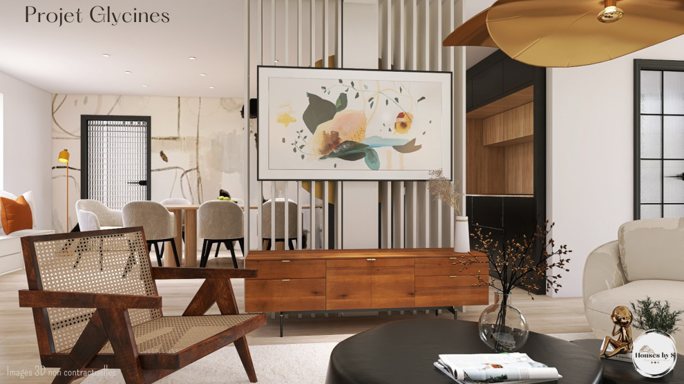 Modern open concept living room in Paris with a library, white walls, light hardwood floors and a wall-mounted tv.