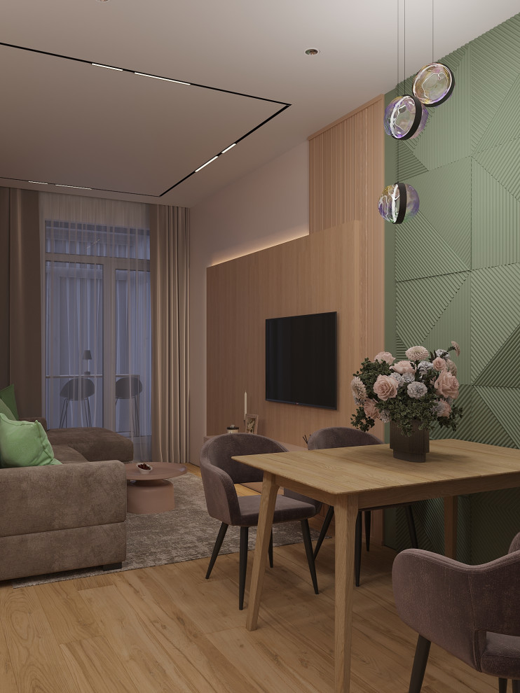 Уютная кухня-гостиная с  вечерним сценарием освещения