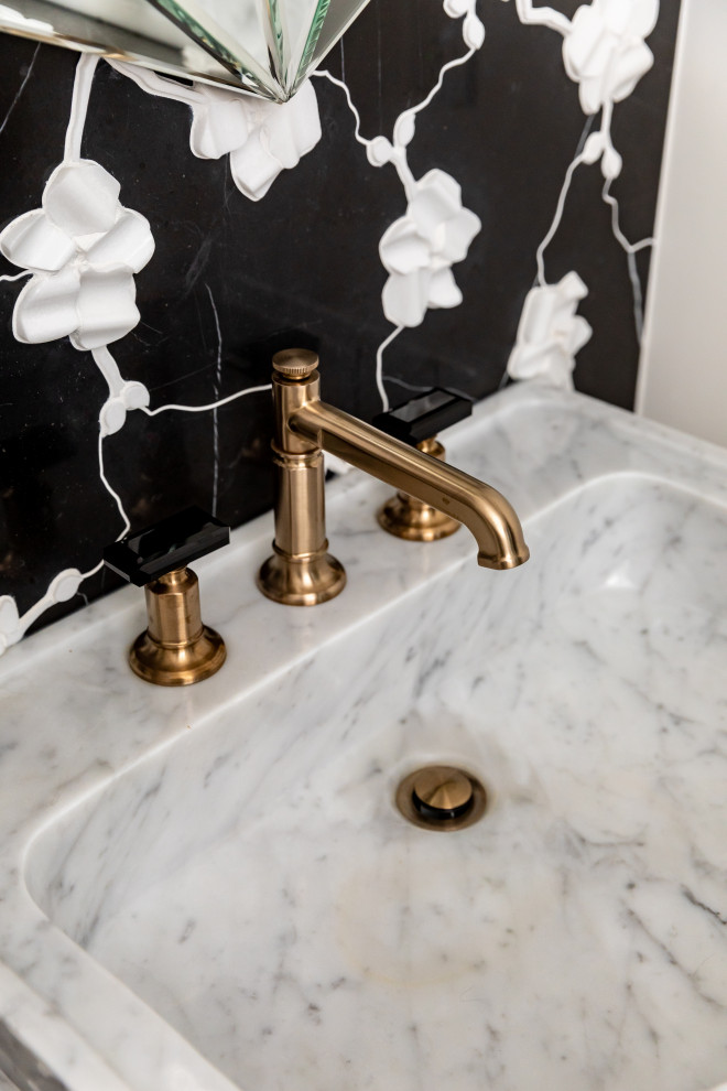 Inspiration for a small contemporary cloakroom in Salt Lake City with open cabinets, a bidet, black and white tiles, marble tiles, white walls, medium hardwood flooring, a pedestal sink, marble worktops, white worktops and a freestanding vanity unit.