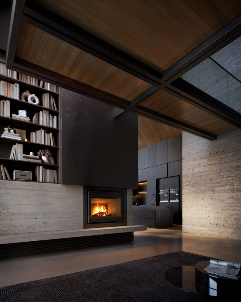 Тёплый вечер в доме с панорамными окнами и живым огнём.