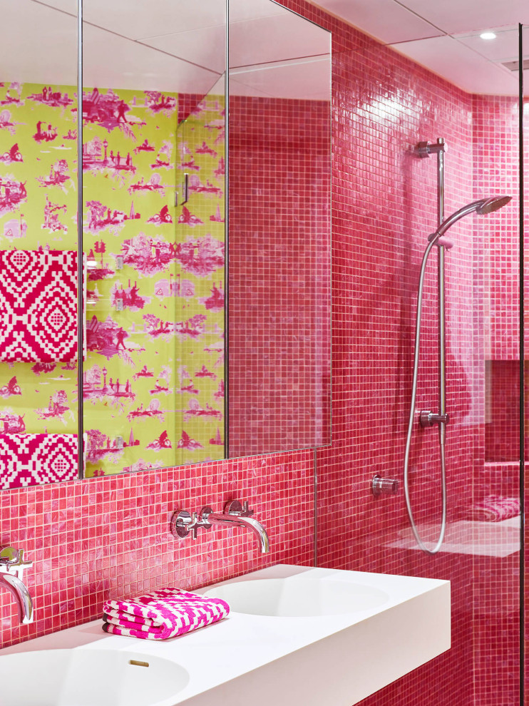 Contemporary bathroom in Brisbane with pink tile, mosaic tile, an integrated sink, white benchtops and a double vanity.