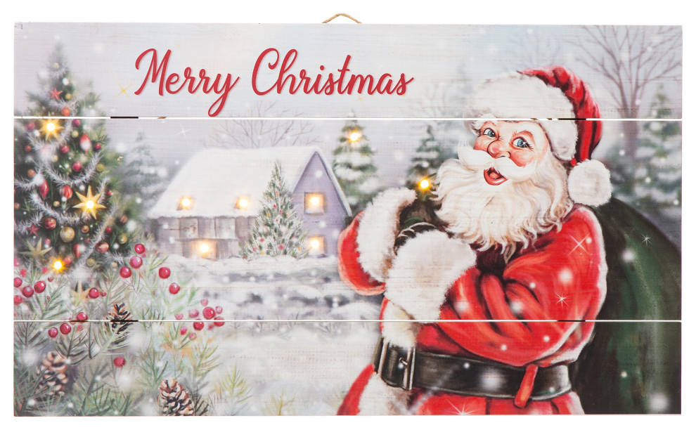 24"L Lighted Wooden Santa Wall Decor Traditional Prints And Posters