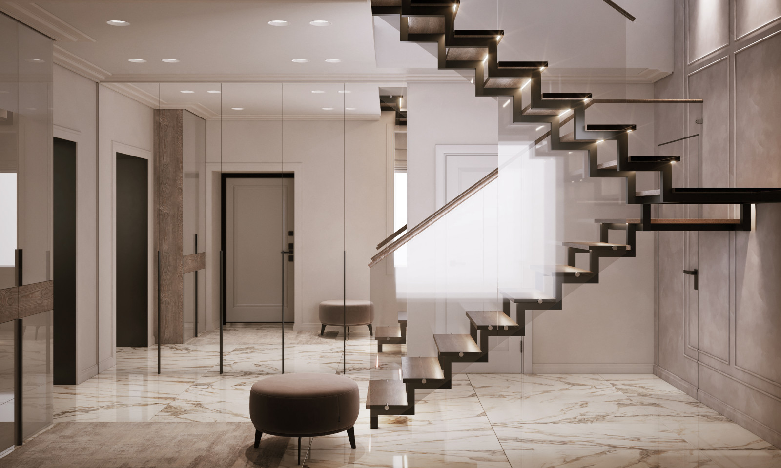 Холл с легкой лестницей на металлокаркасе