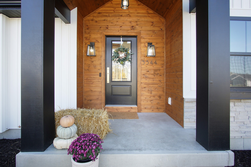 Design ideas for a mid-sized scandinavian front door in Grand Rapids with brown walls, a single front door and a black front door.