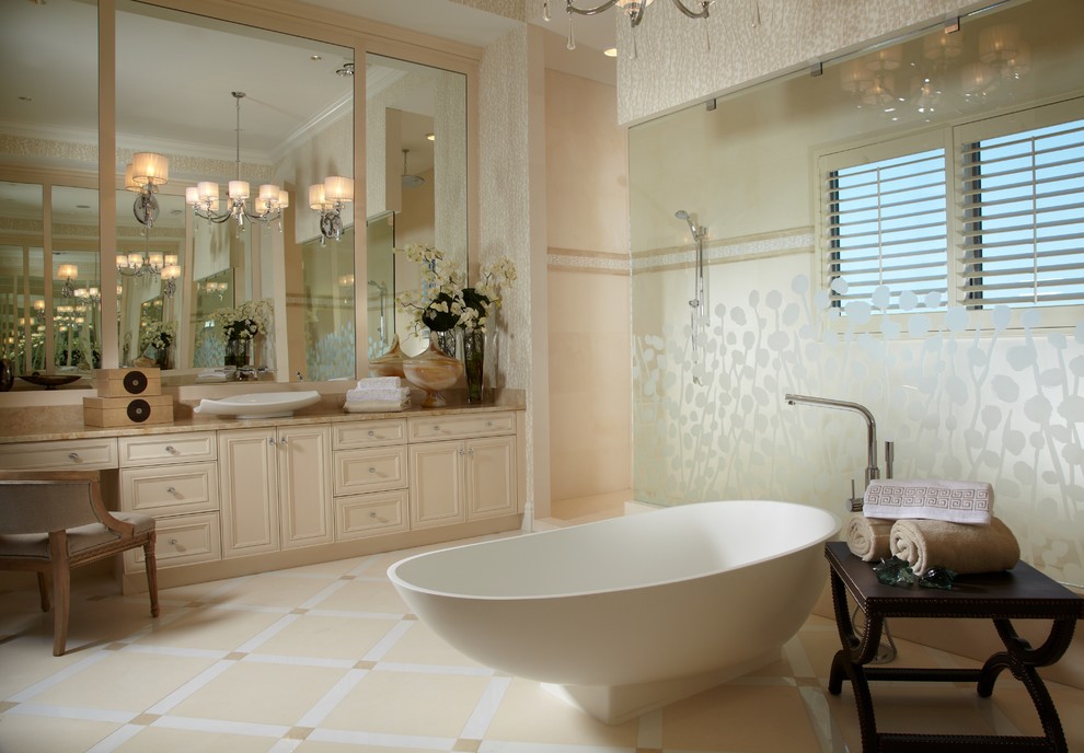 This is an example of a large contemporary bathroom in Miami with a freestanding tub, a vessel sink, shaker cabinets, white cabinets and white walls.