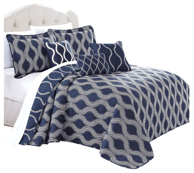 Serenta Charleston Printed Quilted 6 Piece Bed Spread Set, Cobalt, Queen