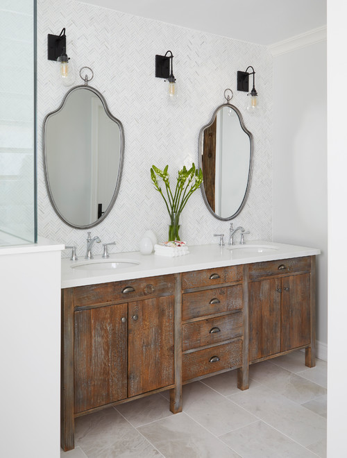 Rustic Vibes: White Wall Tiles with a Rustic Bathroom Vanity