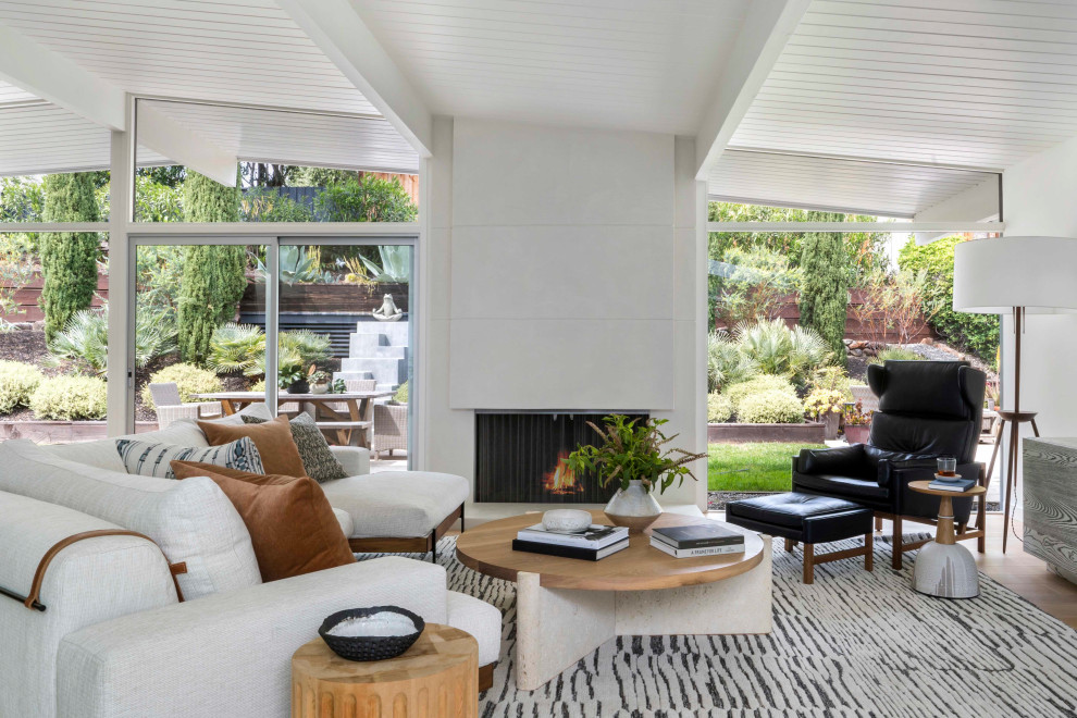Offenes Retro Wohnzimmer mit weißer Wandfarbe, hellem Holzboden und freigelegten Dachbalken in San Francisco