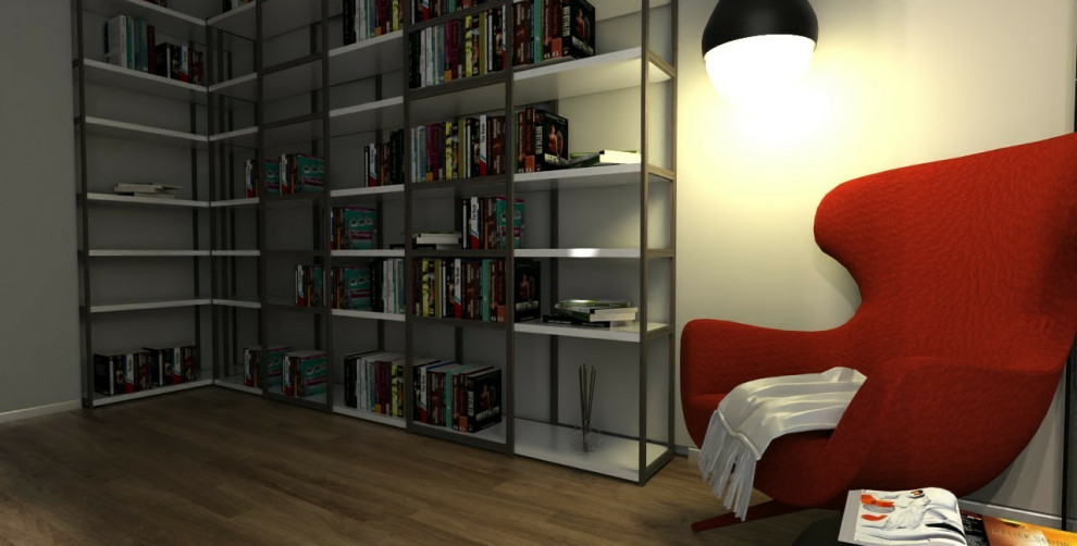 Foto på ett mellanstort funkis allrum med öppen planlösning, med ett bibliotek, beige väggar och ljust trägolv