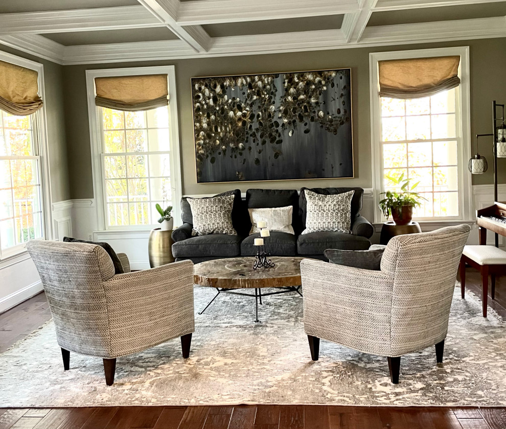 This is an example of a medium sized classic formal enclosed living room in Richmond with grey walls, dark hardwood flooring, brown floors, a coffered ceiling and panelled walls.