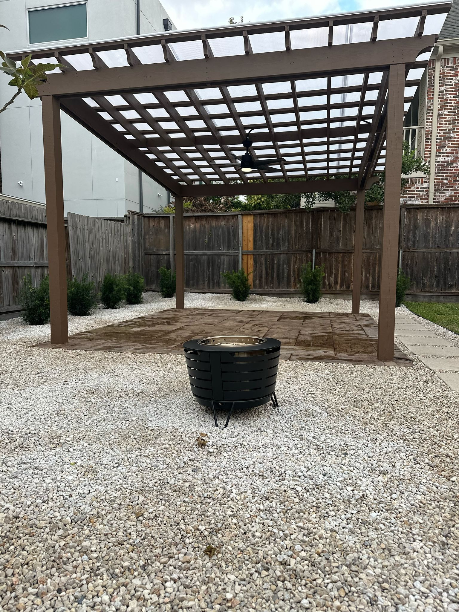 Beautiful stamped concrete patio with Pergola Cover on Haddon st!
