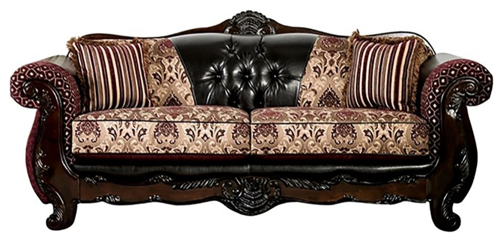 Furniture of America Eli Faux Leather Tufted Sofa in Burgundy and Dark Brown