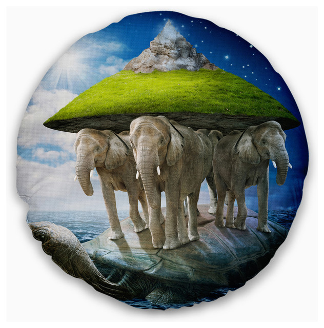 Giant Turtle Carrying Elephants Abstract Throw Pillow Eclectic