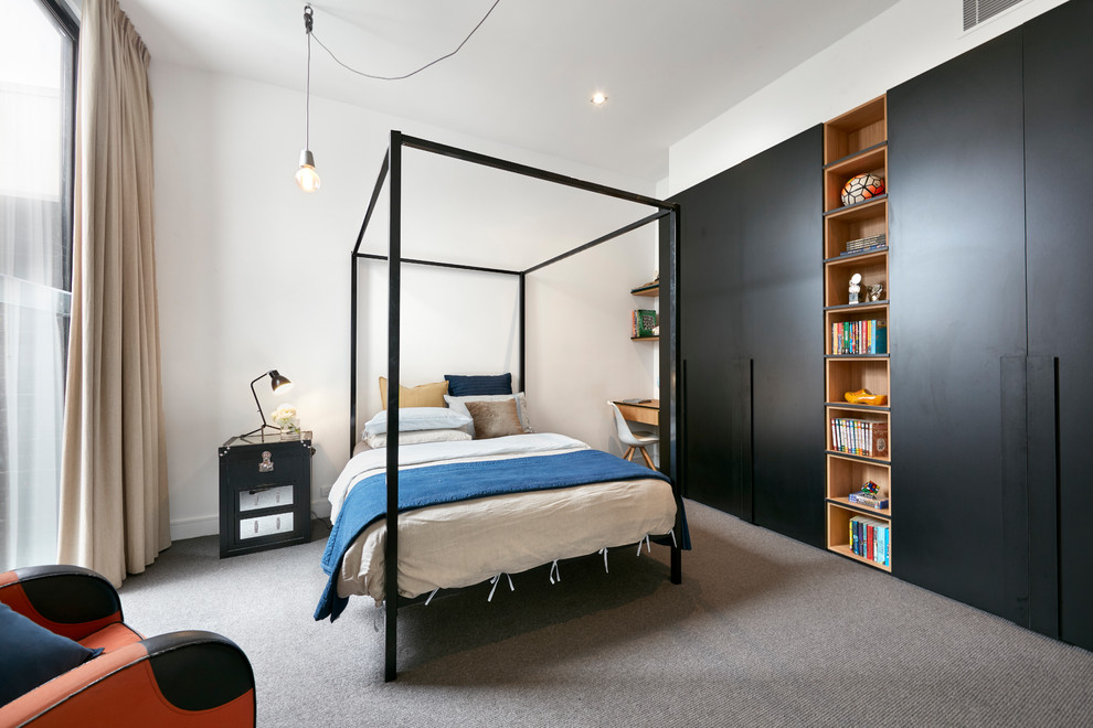 Photo of a contemporary bedroom in Melbourne with white walls, carpet and grey floor.