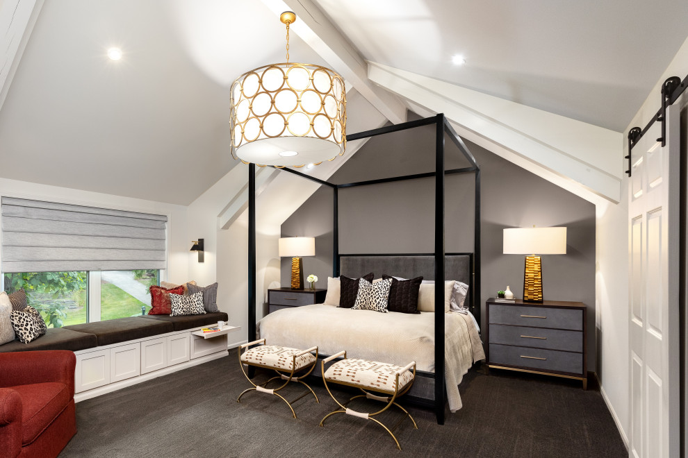 Photo of a large eclectic master bedroom with white walls, carpet, no fireplace, grey floor and vaulted.