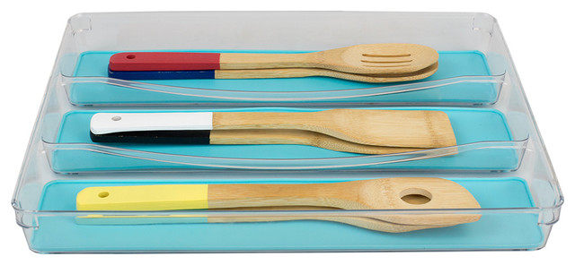 Plastic Cutlery Tray Rubber Lined Compartments Turquoise