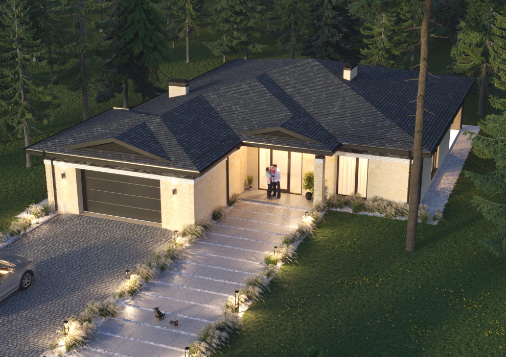 Проект 1-этажного 5-комнатного жилого дома в стиле Райта