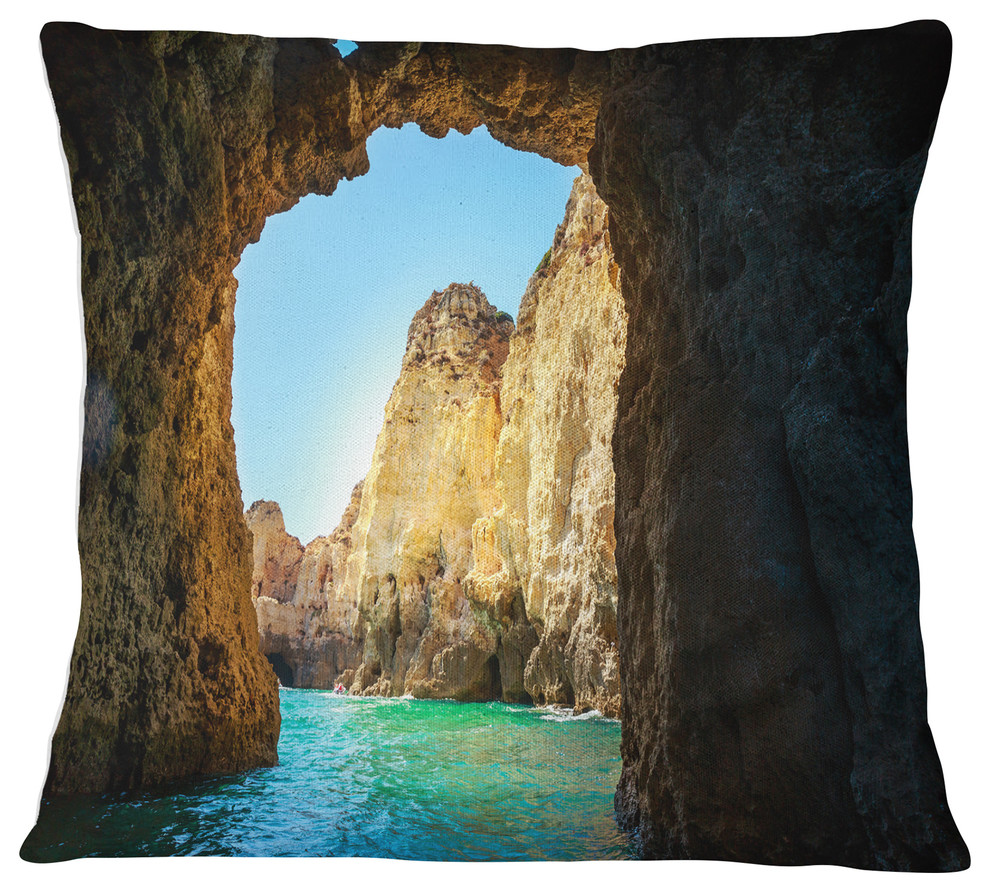 Sea through Rocky Cave Portugal Seashore Throw Pillow, 16"x16"