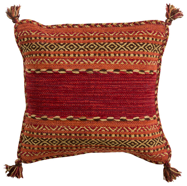 Global 18" x 18" Tassel TRE Chenille Stripe Dark Red Handmade Accent Pillow + Do