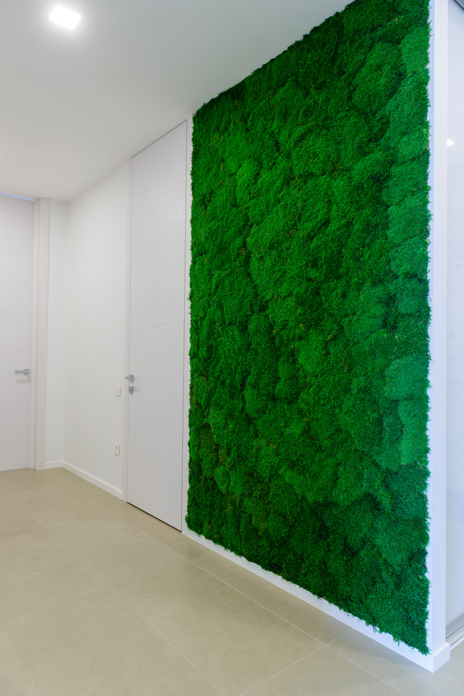 Design ideas for a mid-sized contemporary hallway in Other with green walls, porcelain floors and beige floor.