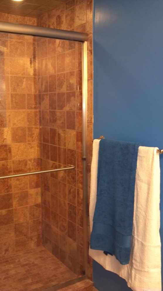 Alcove shower - large transitional ceramic tile alcove shower idea with blue walls