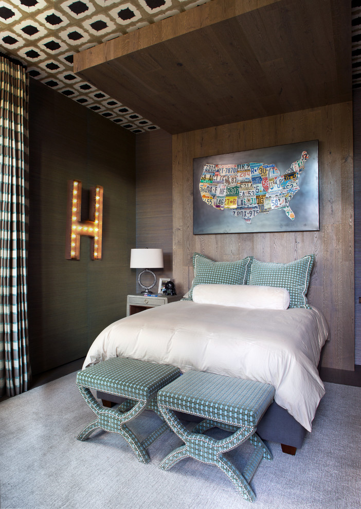 Contemporary Mountain Chalet - Inspiration for a bedroom rustic gender-neutral carpeted, gray floor, wallpaper ceiling and wallpaper kids' bedroom remodel in Denver with brown walls