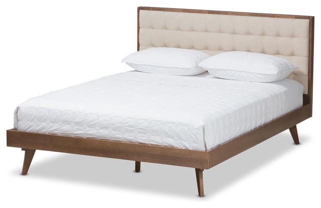 Soloman Mid-Century Modern Light Beige Fabric and Walnut Brown Wood Platform Bed