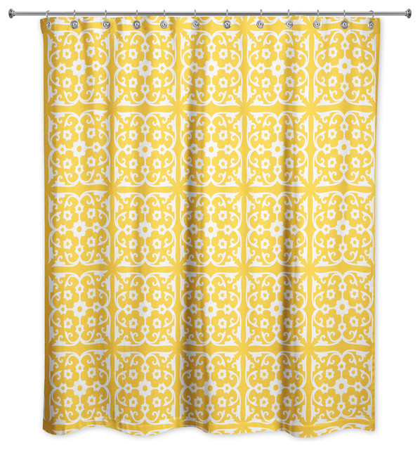 Tile Shower Curtain Mediterranean, White And Yellow Shower Curtain
