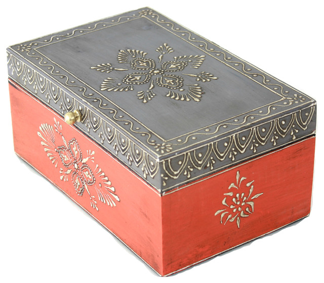 Hand Painted Wooden Jewelry Box in Orange and Grey and Distressed Finish -  Asian - Jewelry Boxes And Organizers - by Resoursys Unlimited, Inc. | Houzz