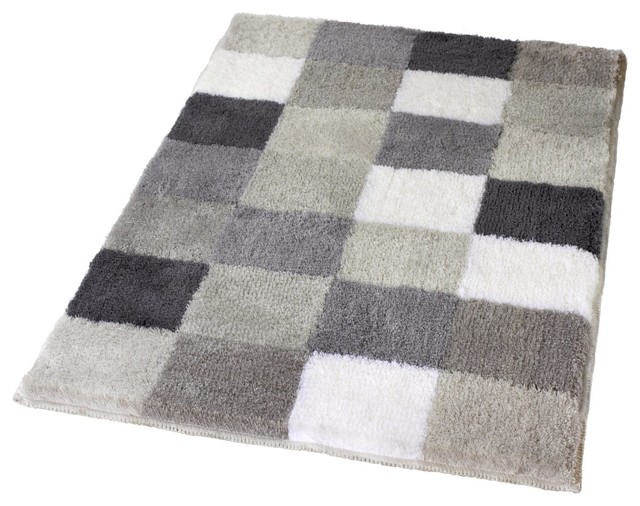Flannel Gray Checker Pattern Rich Multi Color Plush Bathroom Rug, Caro Contemporary Bath