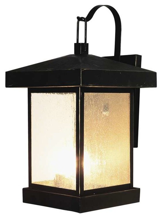 Three Light Weathered Bronze Amber Seeded Glass Wall Lantern