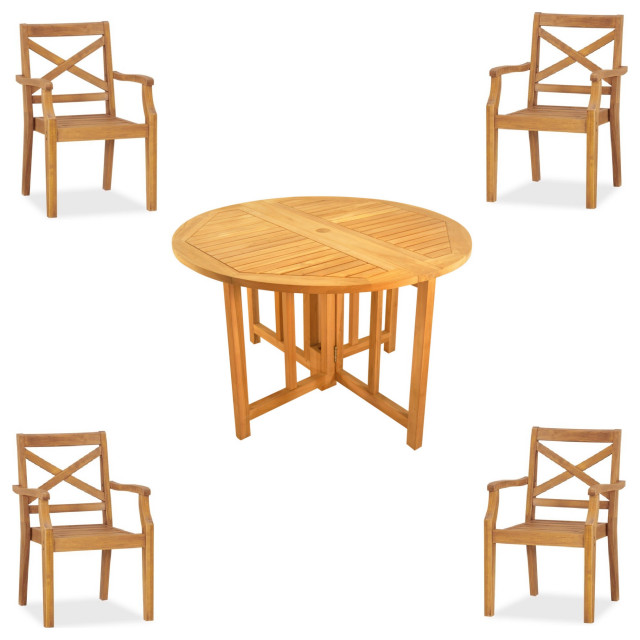 5-Piece Outdoor Teak Dining Set: 48" Butterfly Table, 4 Grand Stacking ...