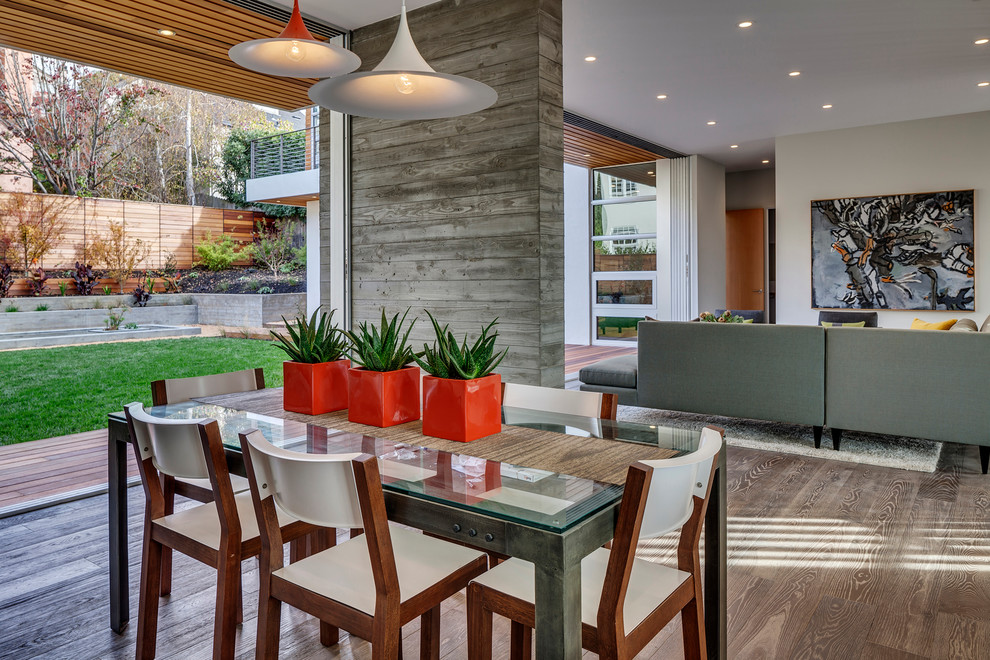 Photo of a contemporary open plan dining in San Francisco with medium hardwood floors.