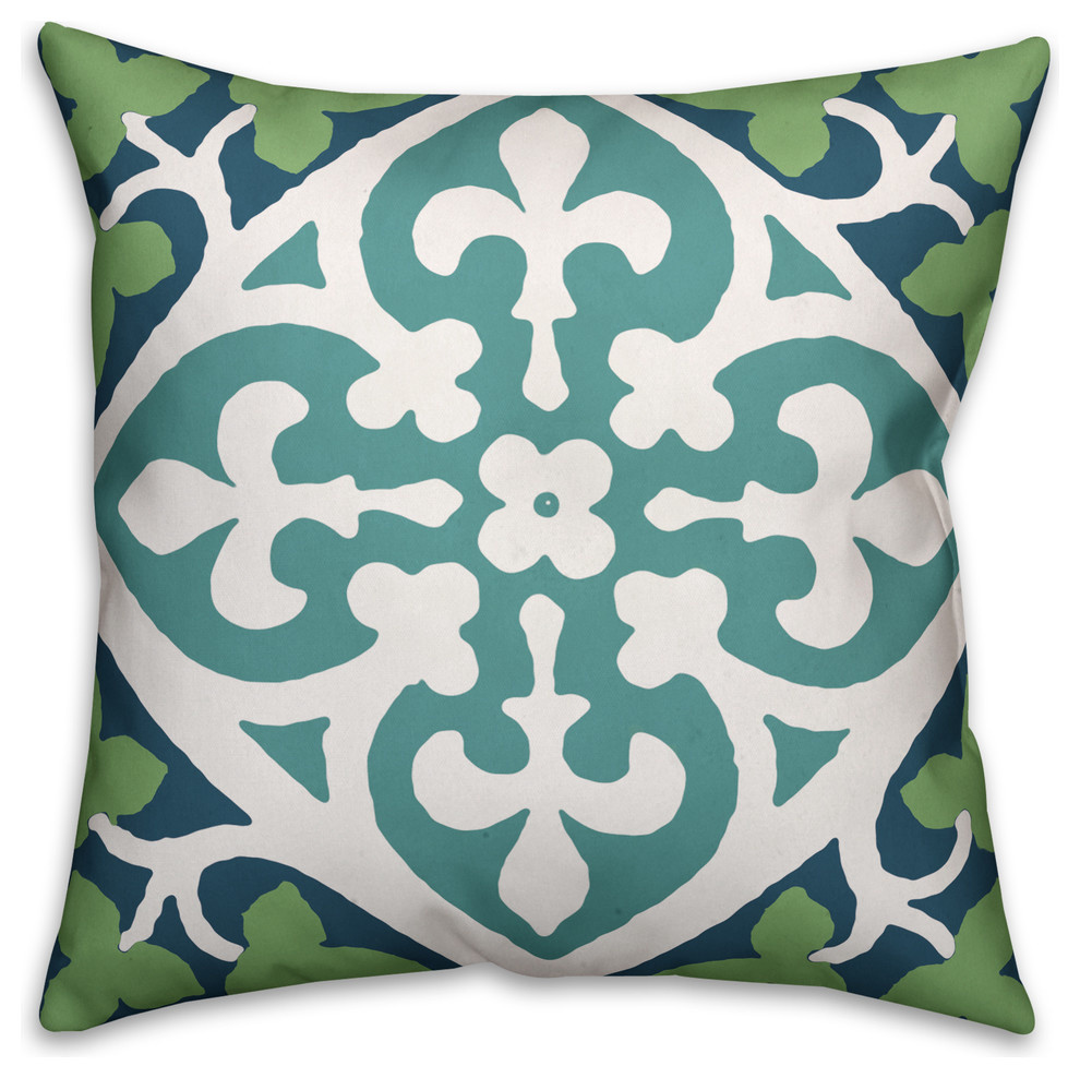 Blue and Green Leaves Pattern 16"x16" Outdoor Throw Pillow