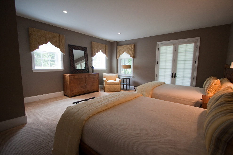 Mid-sized transitional guest carpeted bedroom photo with gray walls and no fireplace