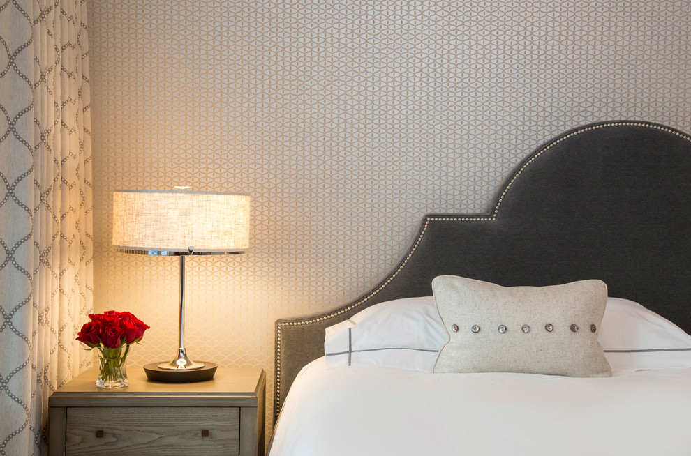 Mid-sized transitional guest bedroom photo in Denver with multicolored walls