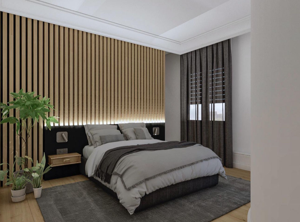 Imagen de dormitorio principal y gris y negro actual de tamaño medio con paredes grises, suelo de madera en tonos medios, suelo marrón y panelado