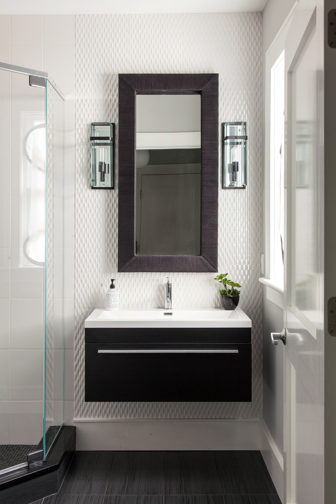 Photo of a mid-sized contemporary bathroom in Boston with an integrated sink, flat-panel cabinets, dark wood cabinets, quartzite benchtops, white tile, mosaic tile, white walls and dark hardwood floors.